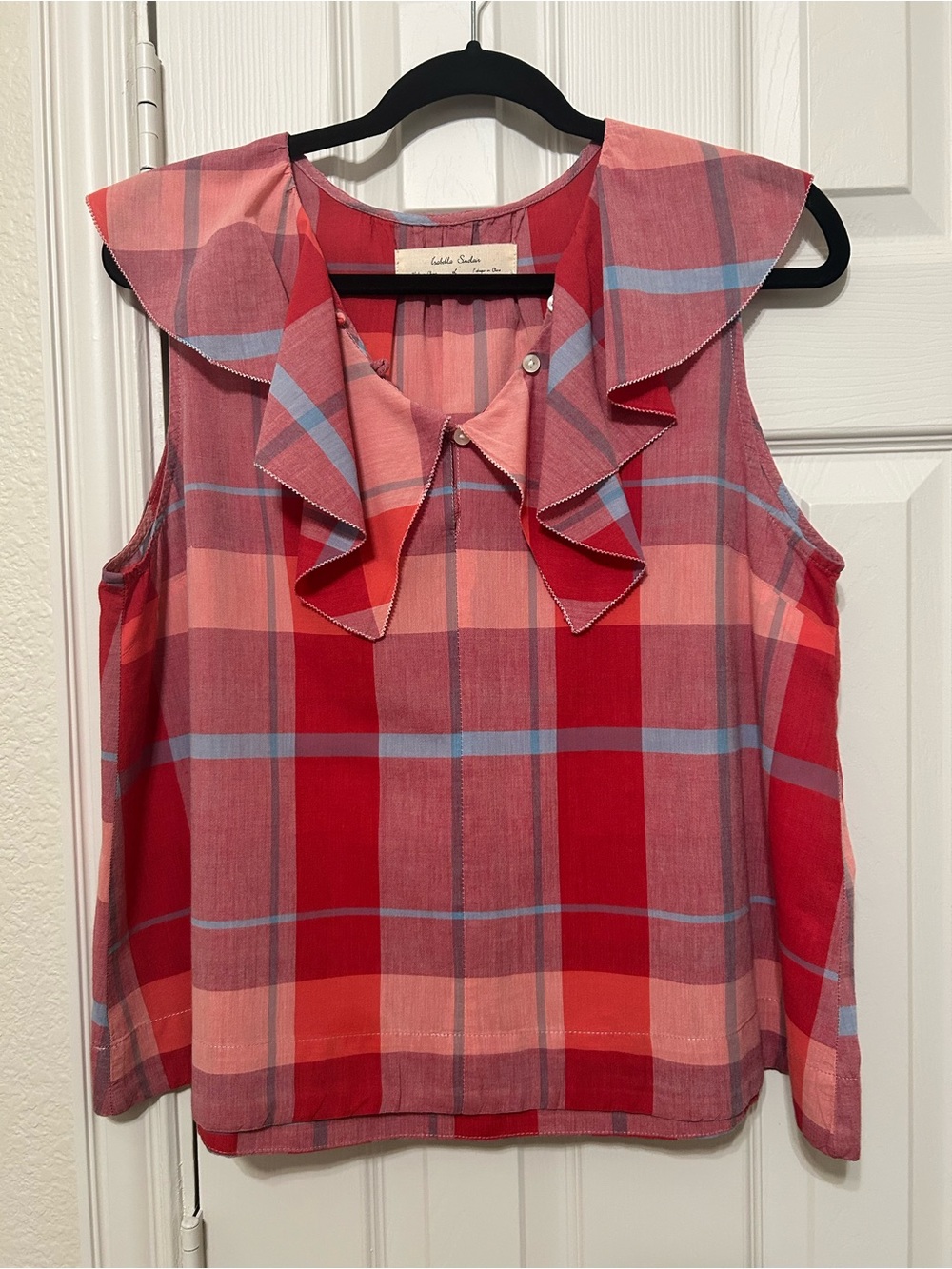 Anthropologie Isabella Sinclair Andover Sleeveless Red Plaid Blouse w/ Ruffle L